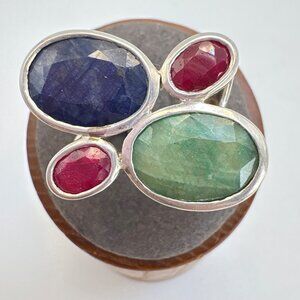 Silver Plated Natural Indian Ruby Emerald Sapphire Statement Ring Size 7